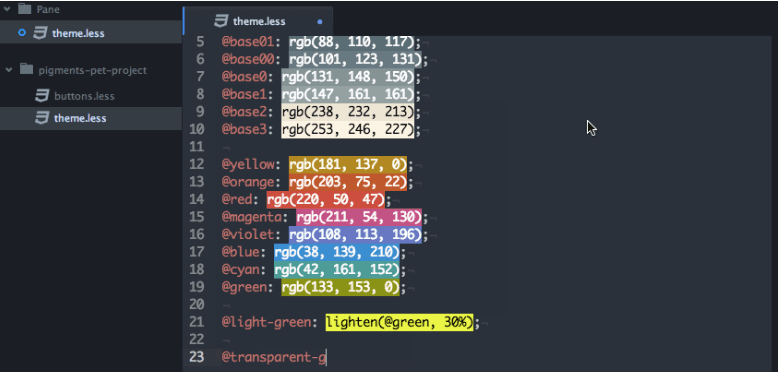The atom pigments package showing various different colors in CSS.