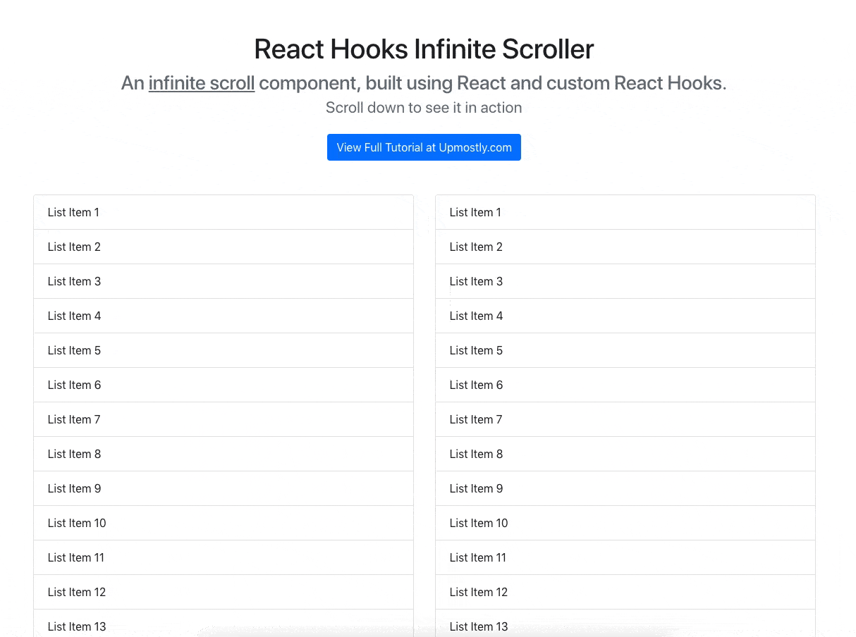 An infinite scroll component built in React, that when scrolled to the bottom of the page, loads more list items