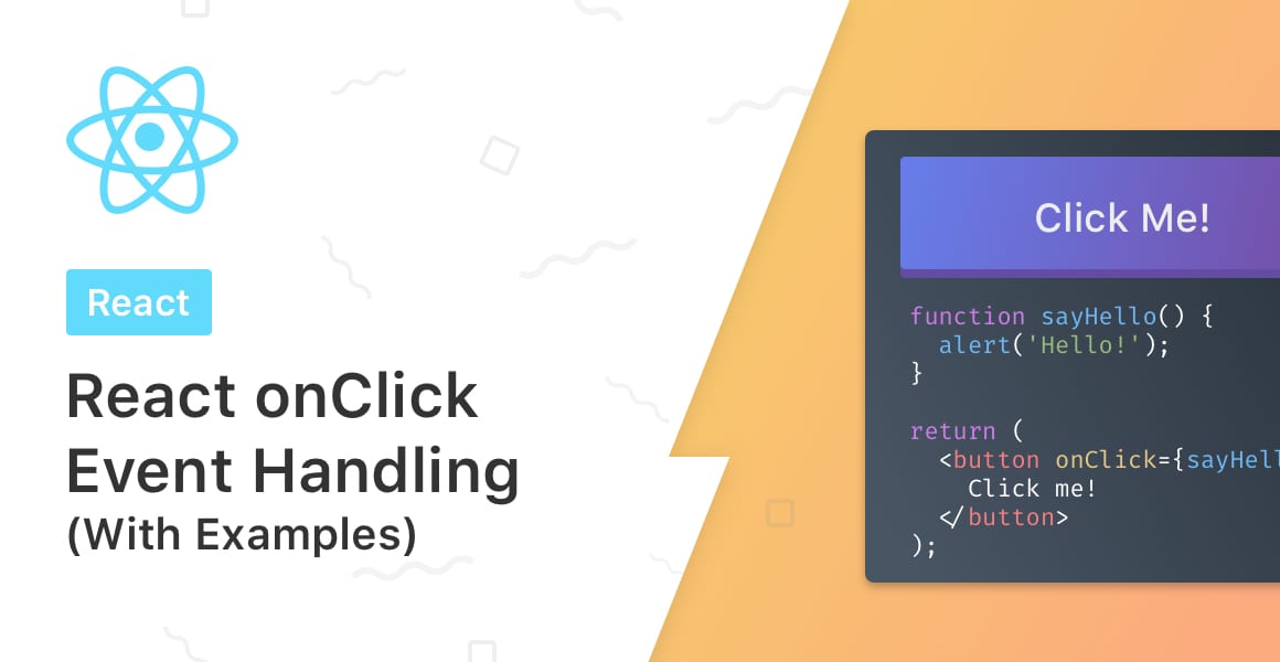 A tutorial banner showing a big purple button with React code underneath with an onClick handler.