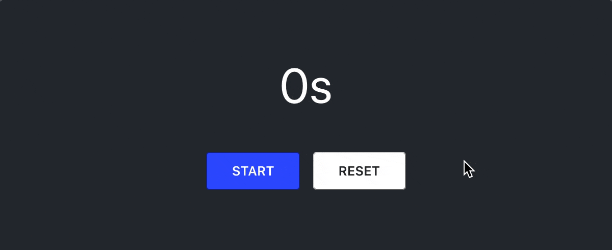 A React timer component with two buttons. The start button is clicked first and then pause, and finally the reset button is clicked to stop the React timer component.